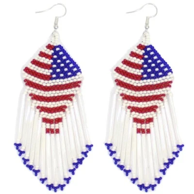 AMERICAN PATRIOTIC  RED BLUE WHITE FLAG BEADED HANDMADE LONG EARRINGS E15/57 - Image 1 of 4