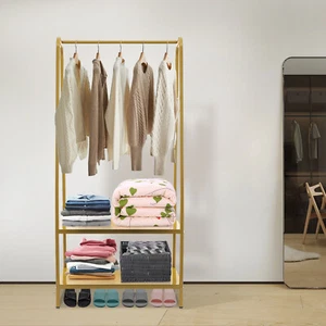 Modern 31.5*12.99*67.72in Gold Standing Clothes Rack W/ Bottom Shelves& 6 Hooks - Picture 1 of 12