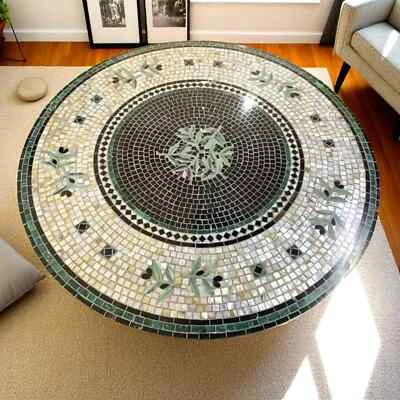 48" Round Marble Console Table | Handmade Gemstone Inlay Top | Pietra Dura Art - Image 1 of 4