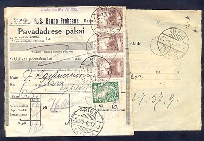 6339 Letonia, 1937, dirección de paquete postal de Riga a Vilaka con remitente impreso  Foto 1 de 2
