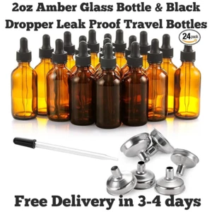 2 oz Dark Amber Dropper & Essential Oil Bottles with 1 Funnel & 4 Label -24 Pack - Picture 1 of 12