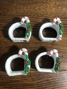 (4) Vintage Ceramic Napkin Rings White w/ Holly & Candy Cane - Picture 1 of 3