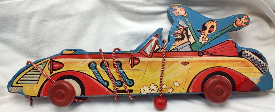 1940 年代 Popeye's Olive Oyl and Bluto 豪华汽车木制拉玩具 — 第 1/4 张图片