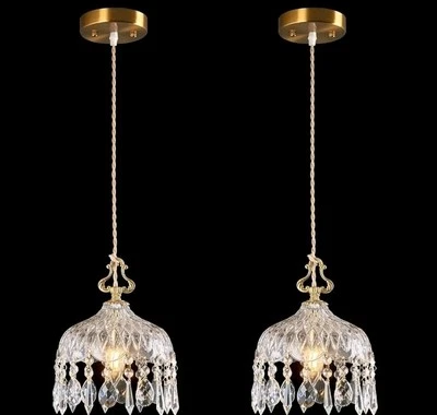 Brass Vintage Glass Pendant Light Crystal Hanging Light 2-Pack - Image 1 of 4