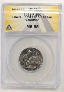 2019 P Lowell Historical Park Earring Quarter ANACS MS65, OBVERSE DIE BREAK - Bild 1 von 3