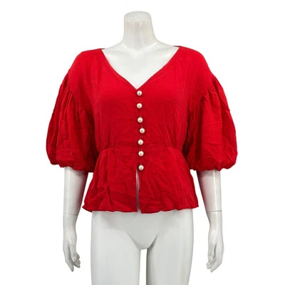 Mother of Pearl 无褶边上衣女式 US 0 红色 Popover V 领优雅办公室工作 — 第 1/4 张图片
