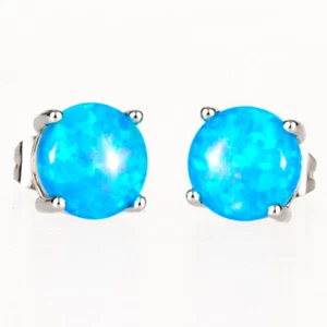8mm Round Ocean Blue Fire Opal Cabochon Silver Jewelry Simple Stud Earrings - Picture 1 of 6