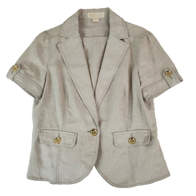 Michael Kors Womens Notch Lapel Blazer Large Tan Linen Retro Style #1927 - Image 1 of 4