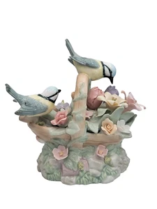 Musical Birds In Basket Figurine 3D Flowers Two Blue Birds Works Home Decor - Picture 1 of 9