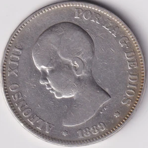 ESPAÑA MONEDA ALFONSO XIII 5 PESETAS 1889 * 89 MPM - Imagen 1 de 2