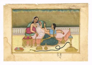 Hand Miniature Painting Of Mughal Empress Relax On Bed With Assistant 9x6 Inches - Picture 1 of 5