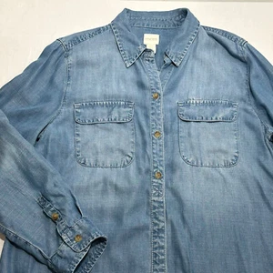 Chicos Tunic Dress Womens Blue Chambray Button Roll Tab Sleeve Sz 1 petite 8-10 - Picture 1 of 14