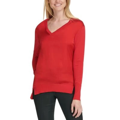 Suéter Top DKNY NUEVO Para Mujer Mixto-Media Alto-Bajo Cuello en V TEDO Foto 1 de 2