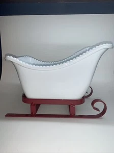 Christmas Sleigh Decor Bright White Ceramic & Red Iron Juice Fruit Bowl Planter - Picture 1 of 10