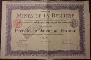 Société des Mines de la Bellière. Part de Fondateur au Porteur - Paris, 1905. - Imagen 1 de 2