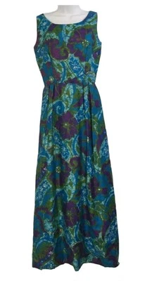 Maxi Vestido Vintage Años 60 Azul Púrpura Sin Mangas Anfitriona Tela de Corteza Hawaiana 34" Busto Foto 1 de 4