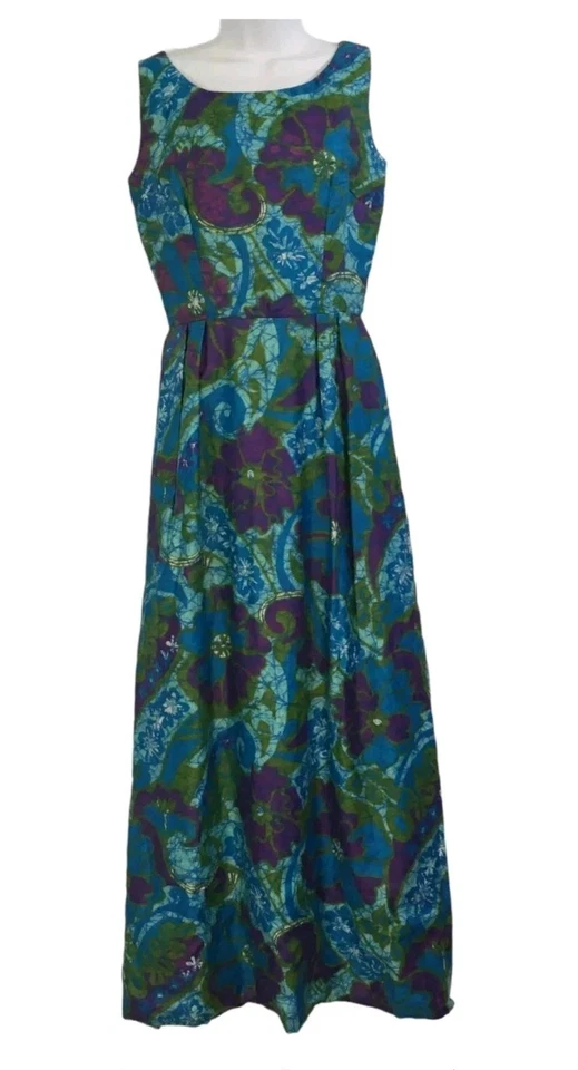 复古 60 年代蓝色紫色无袖女主人夏威夷树皮长裙 34 英寸胸围 — 第 1/4 张图片