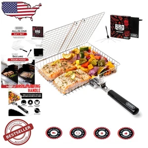 Stainless Steel Grill Basket Set, Folding Portable BBQ Rack, Dishwasher Safe - Picture 1 of 9
