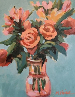 Mona Vivar original impressionist orange roses garden flower art painting  - Image 1 of 4
