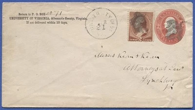 US U231 2c envelope + 2c (#210) Used 1884 University of Virginia cancel - Image 1 of 2