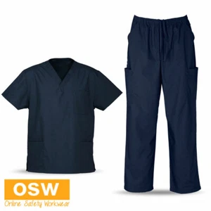 Unisex Navy Soft Classic Scrubs Shirt Top Pants Bottom Set - Hospital/Nurse/Vet - Picture 1 of 5