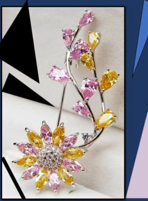 Brooch Pink Yellow Flower Cubic Zirconia Rhinestone Fashion Jewelry - Image 1 of 4
