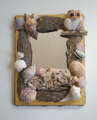 Whimsical Seashell Mirror with Owl 6" by 8" Rustic Decor Hand Made Wall Hanging - Image 1 of 4