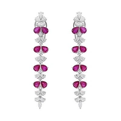 8.15 Tcw H/SI Pear Cut Diamond Ruby Gemstone Dangle Drop Earrings 18k White Gold - Image 1 of 4
