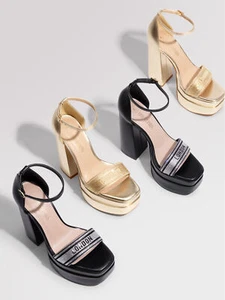 Women's Chunky Heel Ankle Strap Platform Sandals with Rhinestone Accent - Picture 1 of 6