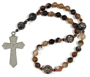 Cuentas de Oración Cristiana con Oración del Señor Cruz de Acero Inoxidable, Ágatas de Mar - Imagen 1 de 2