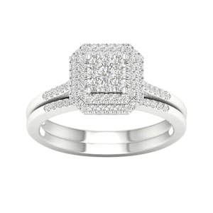 Juego de novias de halo octágono racimo de diamantes oro blanco de 10 K 1/3 quilates - Imagen 1 de 8