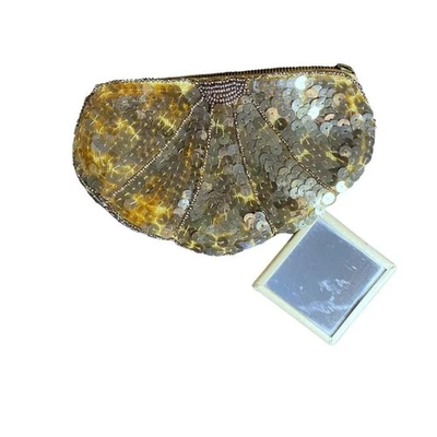 Precioso bolso de mano vintage de los años 30 con lentejuelas doradas con cuentas cremallera con espejo cuadrado raro glamour Foto 1 de 4