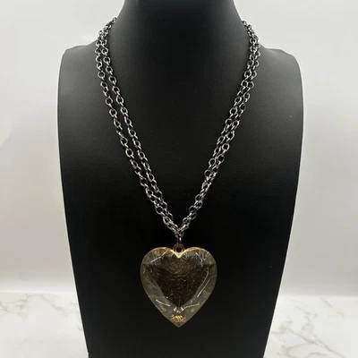 Collar de cadena de plata grueso grande colgante de corazón de vidrio agrietado Y2K declaración Foto 1 de 4