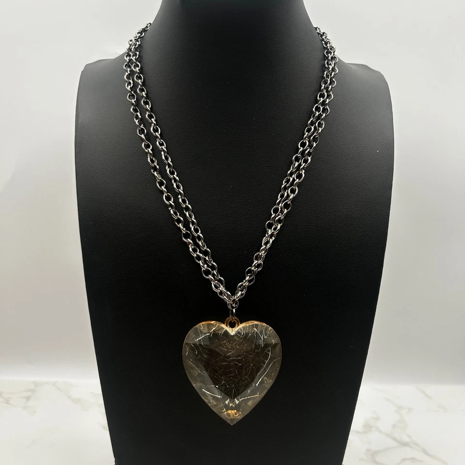 Collar de cadena de plata grueso grande colgante de corazón de vidrio agrietado Y2K declaración Foto 1 de 4