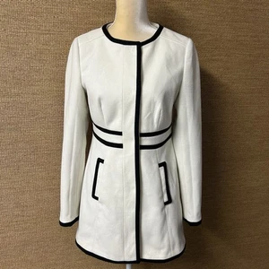 Tulle Coat Womens Small Cream Black Trim Long Sleeve Pockets Line Snap Closure - Picture 1 of 12