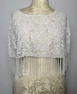 复古 Gunit NY 串珠亮片花边条纹上衣均码白色新娘 Capelet — 第 1/4 张图片