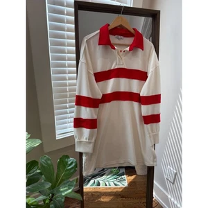 White Birch Womens Large Rugby Shirt Dress Red Stripe Beige Long Sleeve Collared - Picture 1 of 8