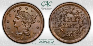 1851 Braided Hair Large Cent, CACG MS-64+BN, Only Plus, Gemmy Coin! - Picture 1 of 6