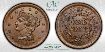 1851 Braided Hair Large Cent, CACG MS-64+BN, Only Plus, Gemmy Coin! - Image 1 of 4
