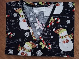 Cute Snowmen on Black Medical Scrub Shirt LARGE - Picture 1 of 1