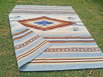 5x7 Blue Southwest Rug Native American Rug Aztec Tribal Design Handmade Wool Rug - Image 1 of 4