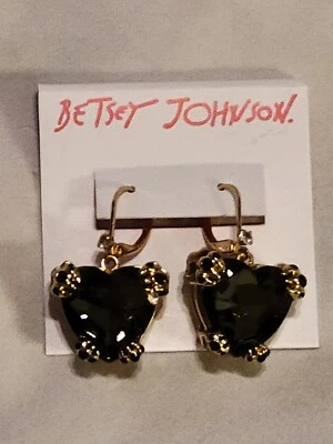 Pendientes colgantes Betsey Johnson tono dorado corazón leopardo verdadero cristal negro nuevos en paquete  Foto 1 de 4