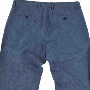 Banana Republic Aiden Woven Linen Cotton Pants Men 32X32 Flat Front Blue Slim