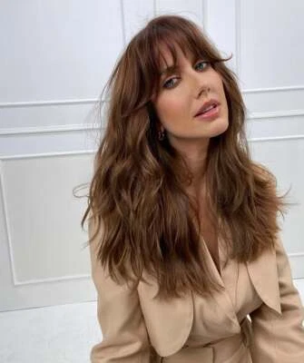 100% Human Hair Ash Brown Wavy Wigs with Bangs 13x4 Lace Front Wigs 180% Density - Image 1 of 4