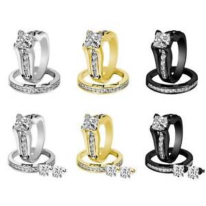 Women's Stainless Steel 1.24 Ct Princess Cut CZ Wedding Ring Set Size 5-11