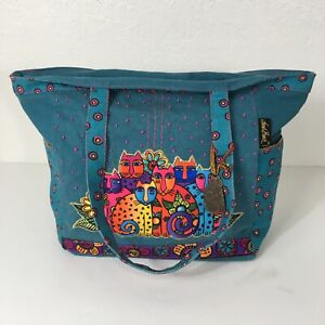 Laurel Burch Purse Handbag Cat Family Sun N Sand Turquoise Blue Pink Beads Charm