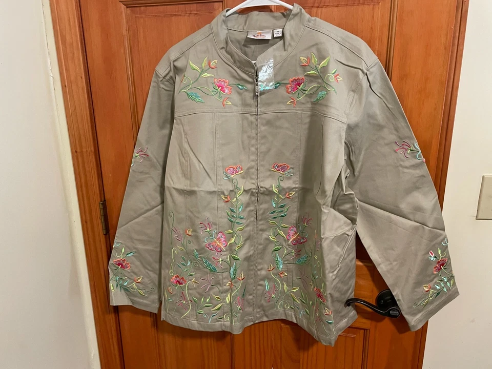 Quacker Factory Full Zip Long Sleeve Jacket Pockets Embroidered Jeweled 1X Beige - Image 1 of 4