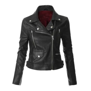 Schwarze Damen-Bikerjacke aus echtem Leder - Slim Fit Moto Motorradstil - Bild 1 von 3