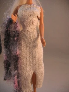 Hand Knit Doll Clothes WHITE long FORMAL DRESS with Boa fit BARBIE 11 1/2 - Picture 1 of 2