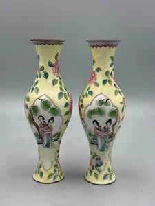 Pair of Antique 20th c Chinese Republic Period Canton enamel Cloisonne Vases 7" - Picture 1 of 12